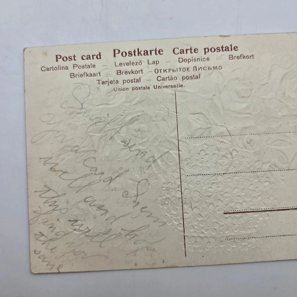 Vintage Best Wishes Pink Roses Blue Vase Embossed Postcard SER. 575